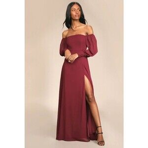 Lulus Burgundy Off Shoulder Maxi‎ Dress Extra Small Long Sleeve Formal NWT